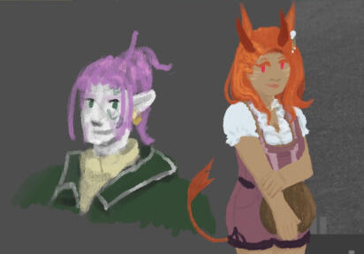 @Chromaru_ Two characters drawn. One is an purple haired elf/elezen with pale grey skin and green eyes, and the other is an orange haired cat person/miqo'te with red horns and olive skin and magenta eyes.